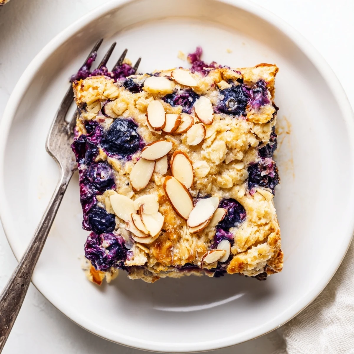 Warm slice of blueberry cottage cheese breakfast bake topped with fresh berries and almonds