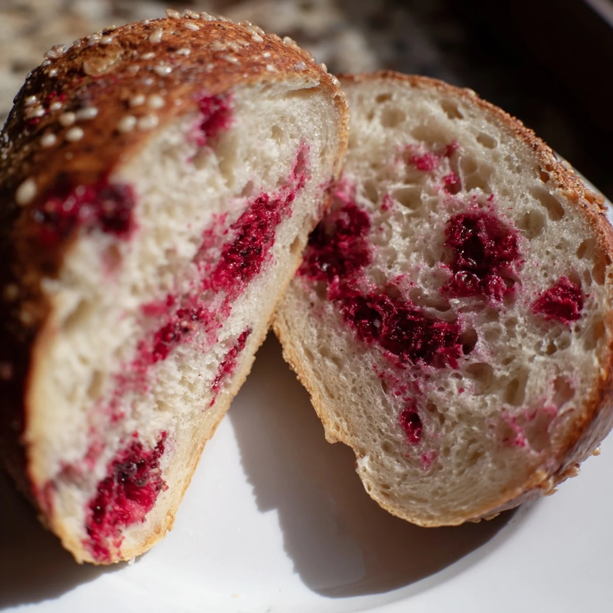 Freshly baked raspberry sourdough bagels with golden crust and juicy red berry pockets throughout