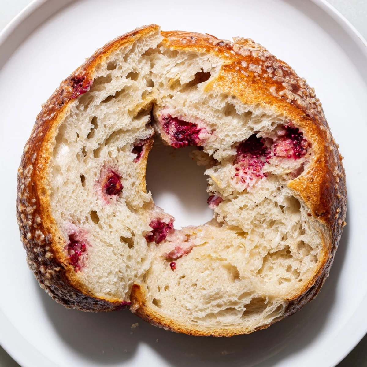 Homemade raspberry sourdough bagels topped with crunchy Demerara sugar on a wooden cutting board