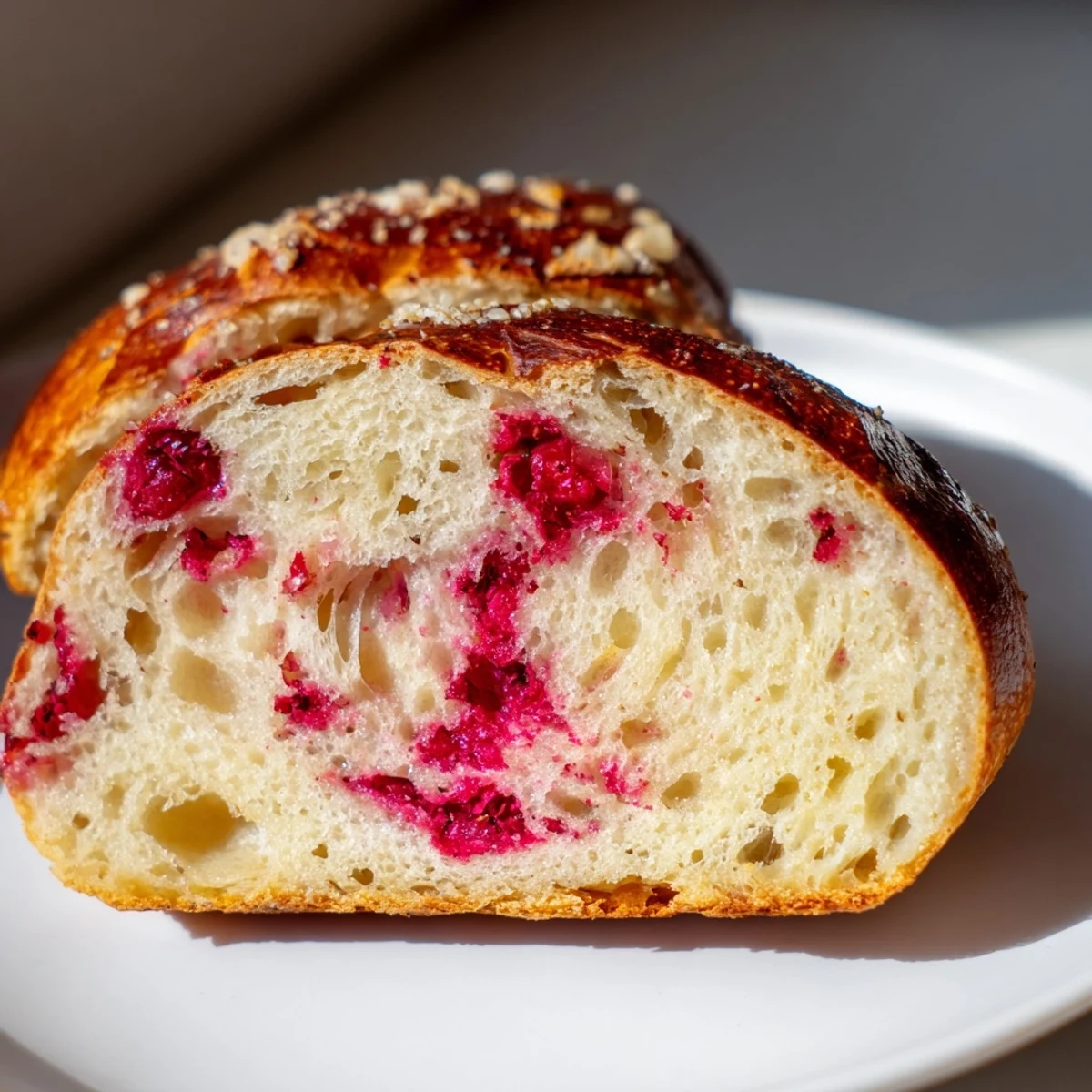 Tangy sourdough bagels bursting with vibrant raspberries, sliced open revealing soft chewy interior texture