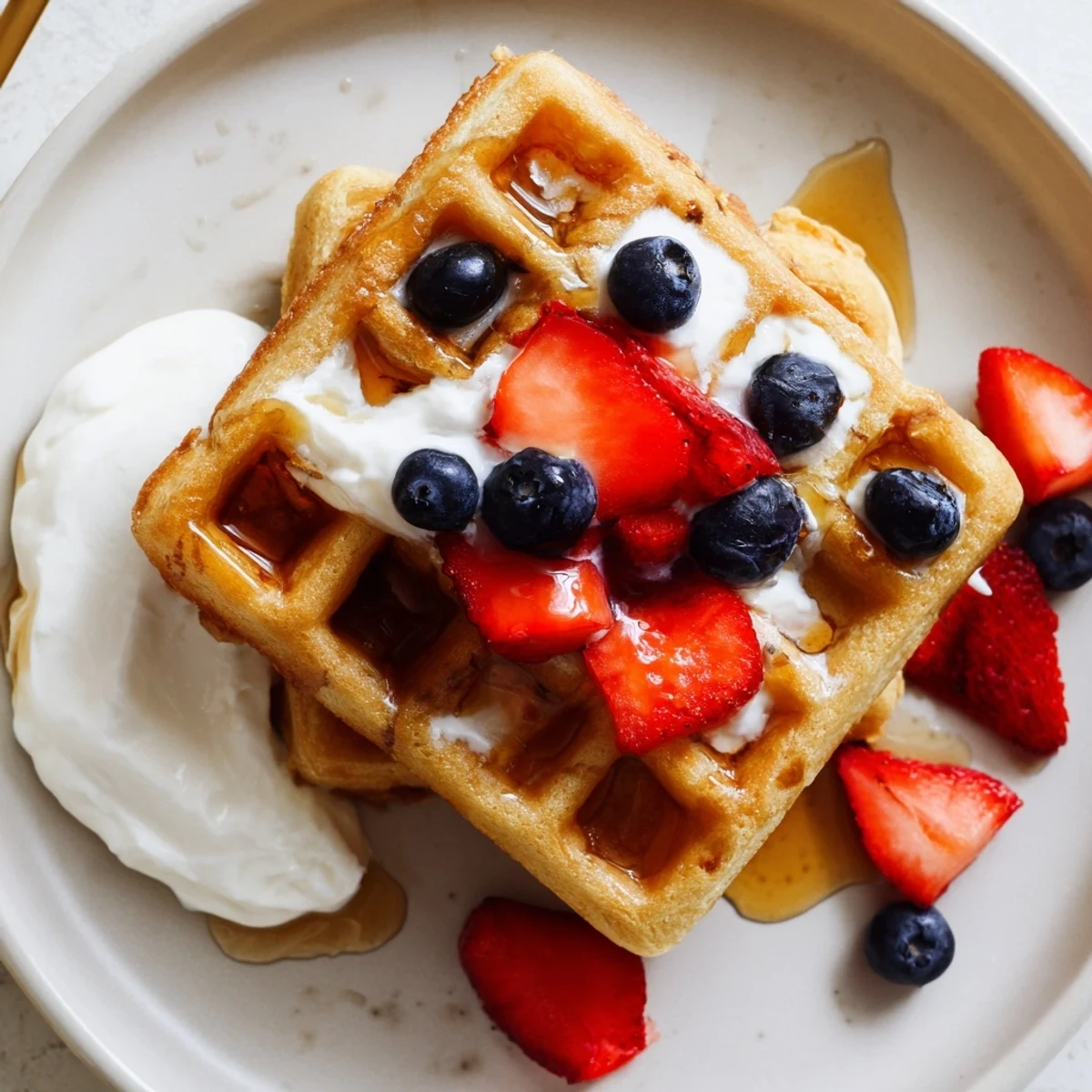 Golden crispy Greek yogurt waffles stacked on a plate with fresh berries and maple syrup