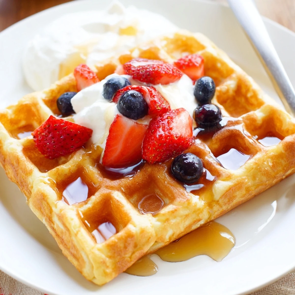 Light and fluffy Greek yogurt waffles drizzled with honey and topped with whipped cream