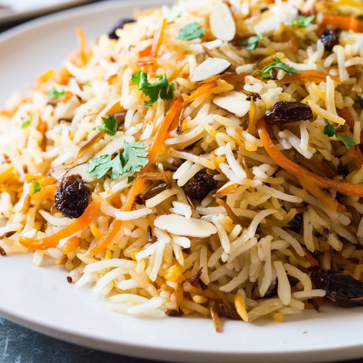 Golden Afghan rice topped with caramelized carrots, plump raisins, and fragrant warm spices