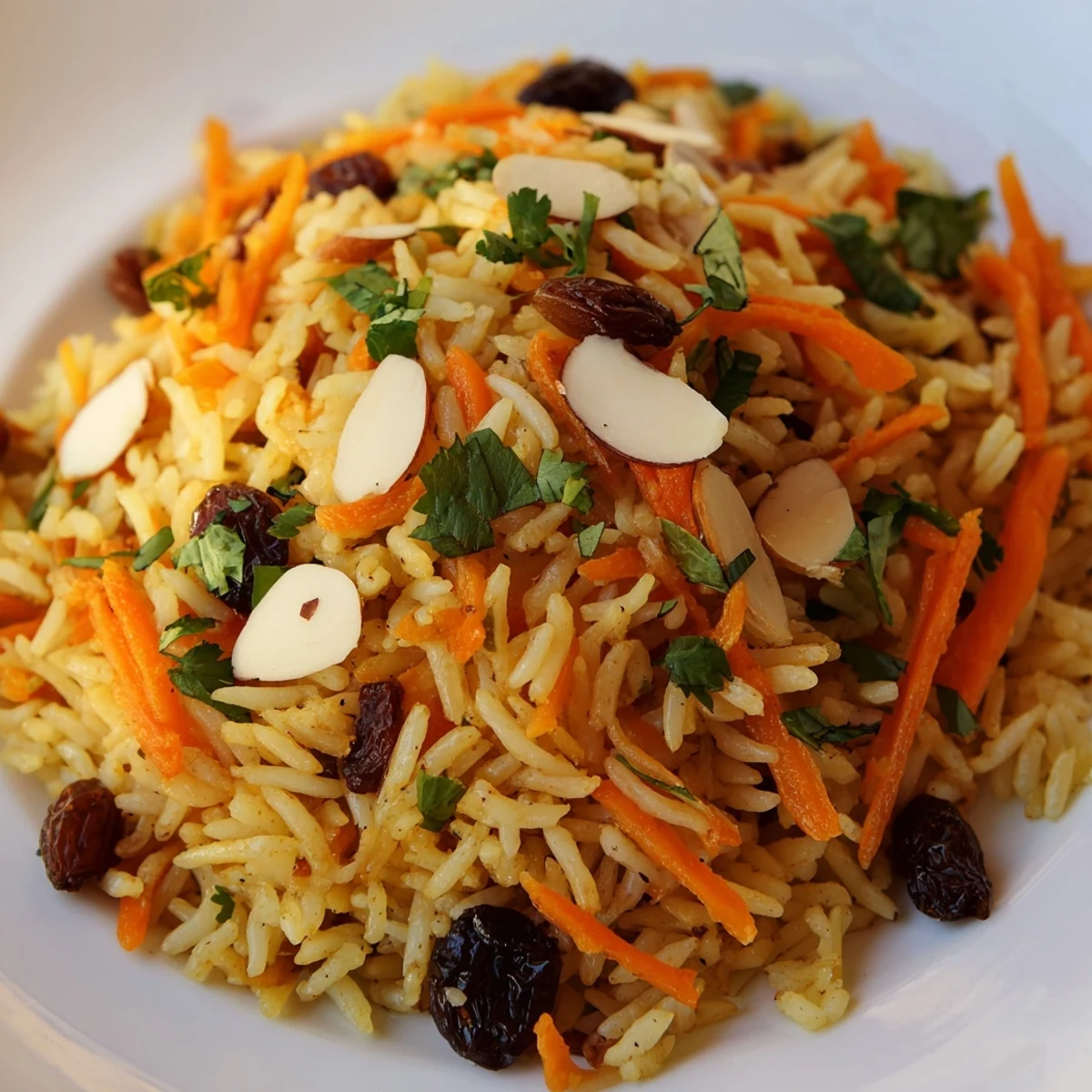 Fluffy Afghan rice studded with sweet carrots and raisins in a traditional serving bowl