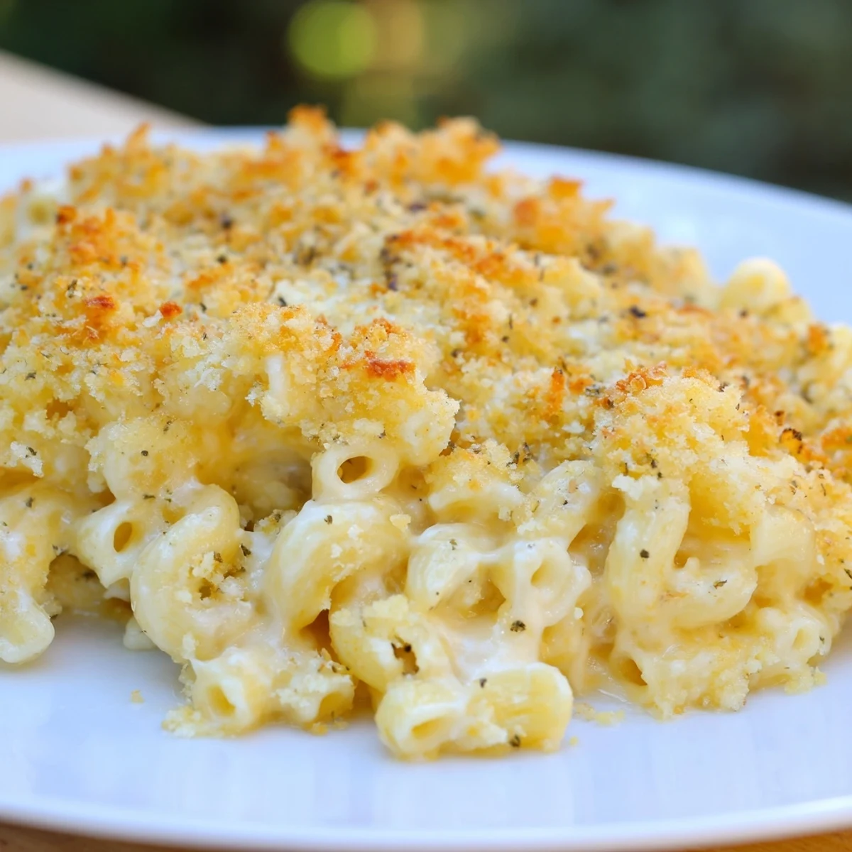 Golden bubbling three cheese baked macaroni with crispy panko topping fresh from oven