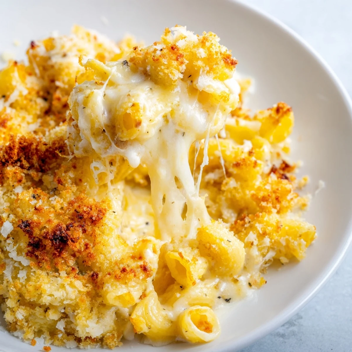 Creamy three cheese baked macaroni served steaming in rustic white ceramic dish