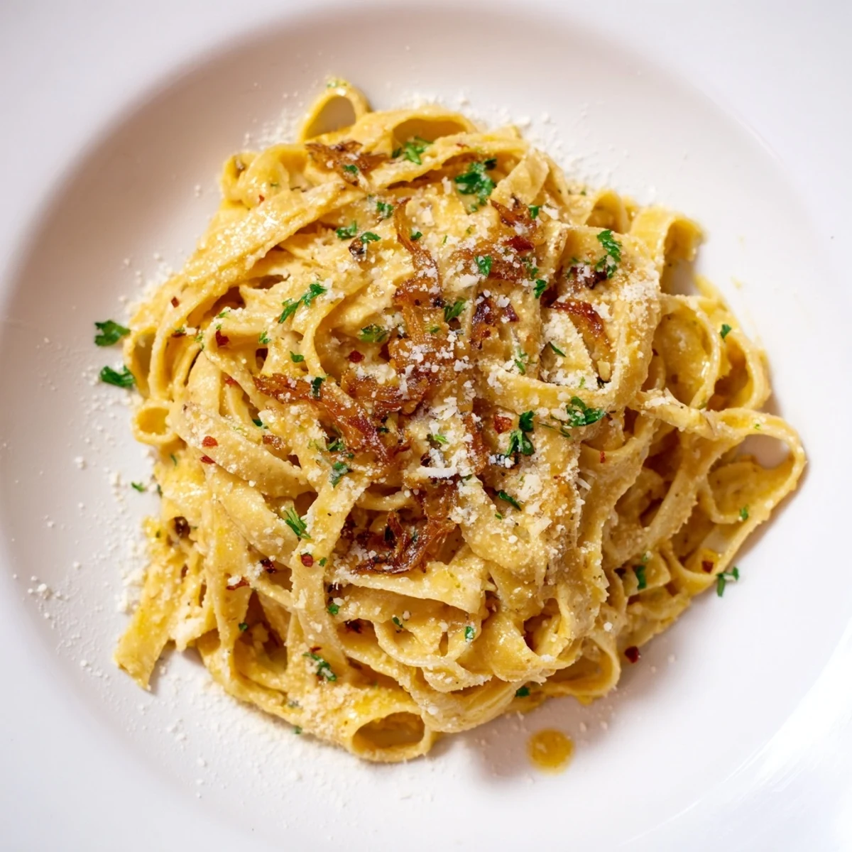 Creamy sweet heat caramelized onion fettuccine topped with fresh parsley and Parmesan cheese