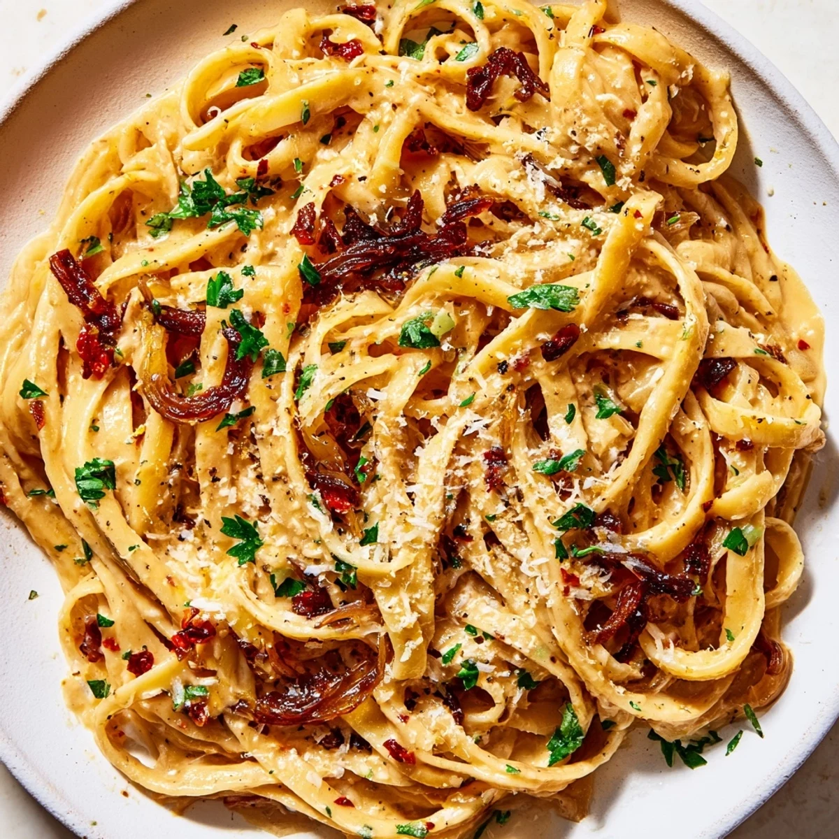 Golden caramelized onions coat tender fettuccine in a spicy sweet cream sauce