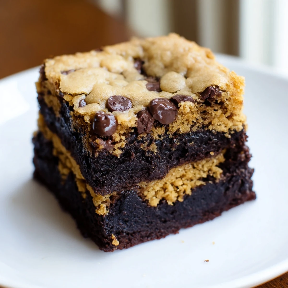 Golden cookie layer atop fudgy vegan brookies studded with rich chocolate chips