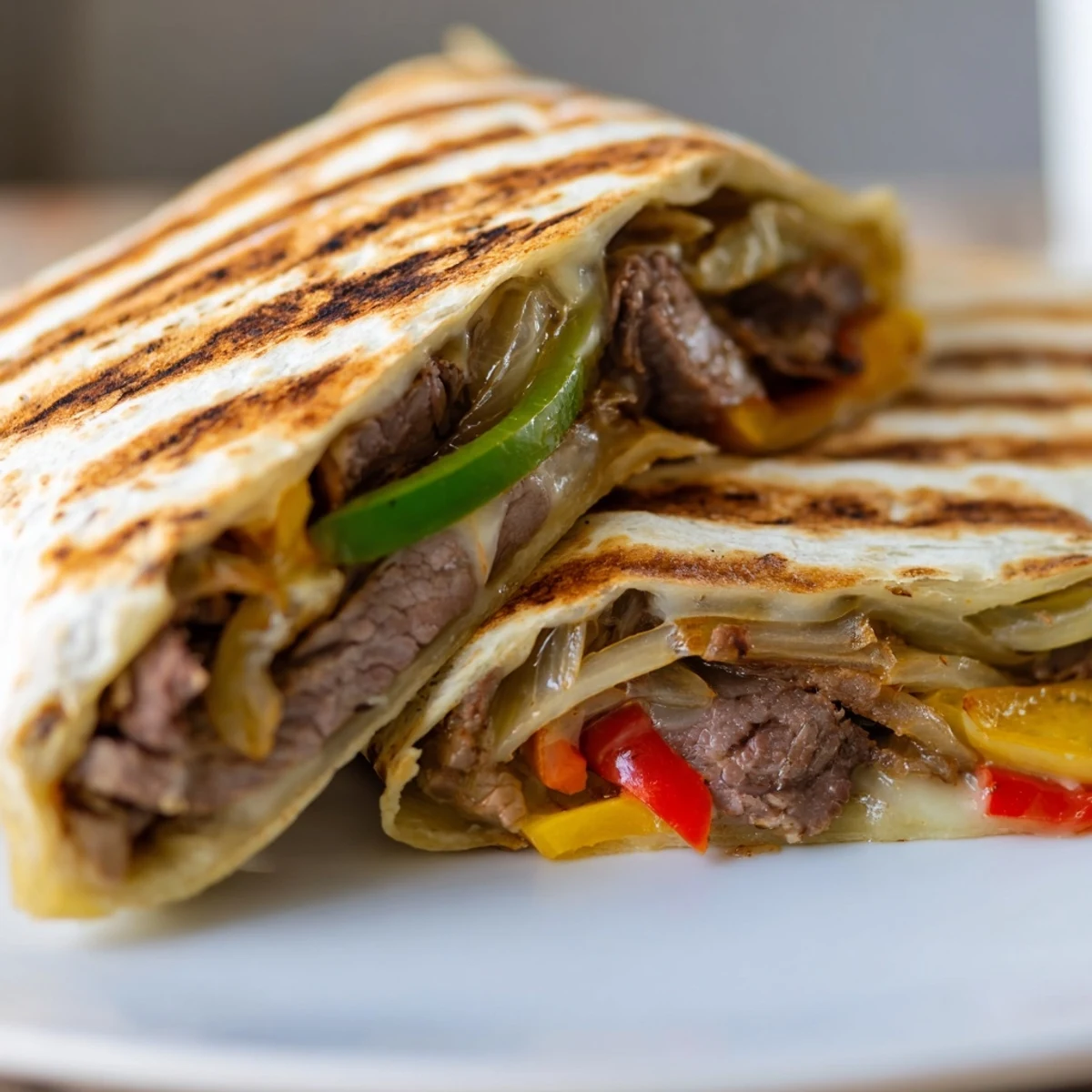 Philly cheesesteak grilled wraps sliced open revealing tender steak and gooey provolone