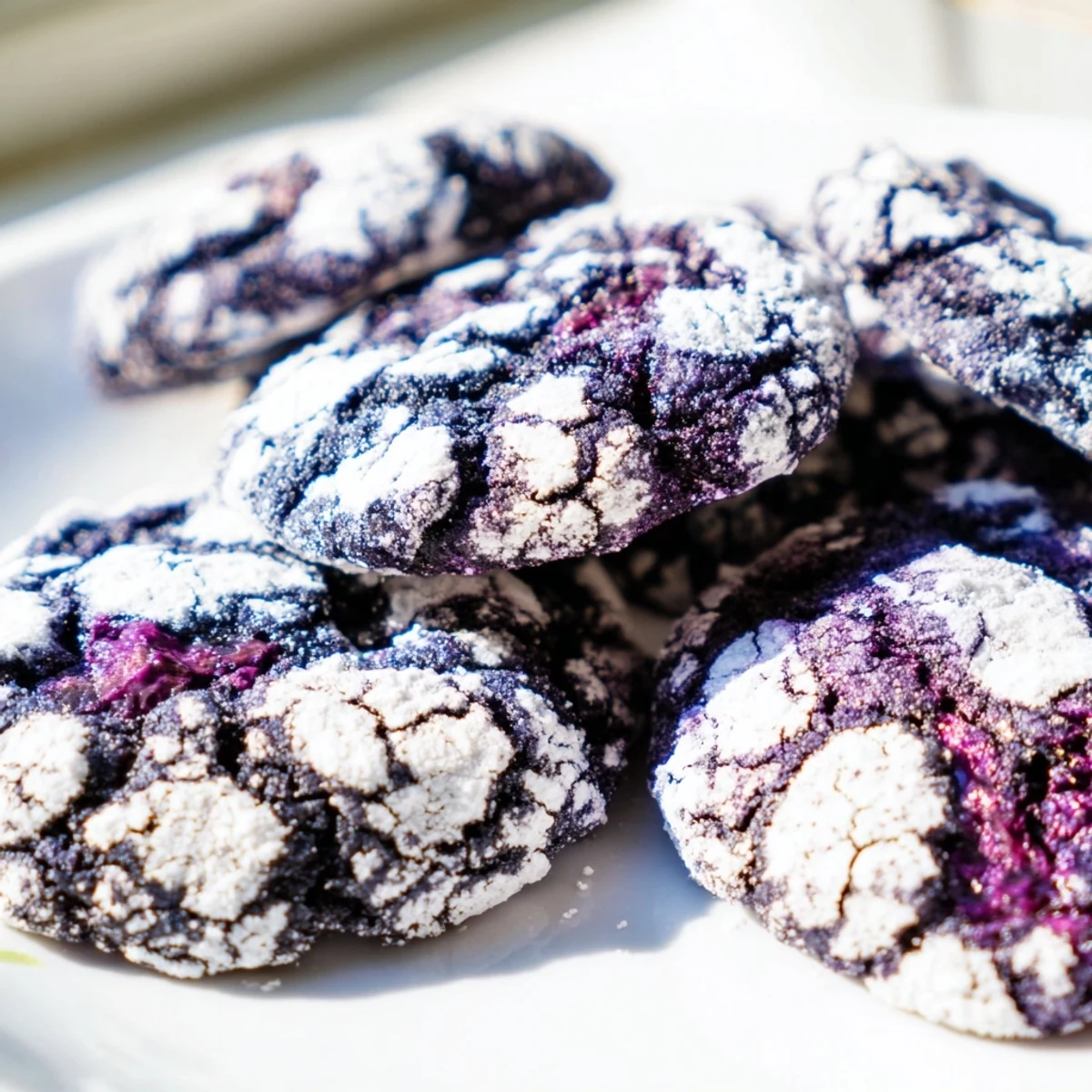 Soft blueberry crinkle cookies with powdered sugar coating on rustic wooden surface