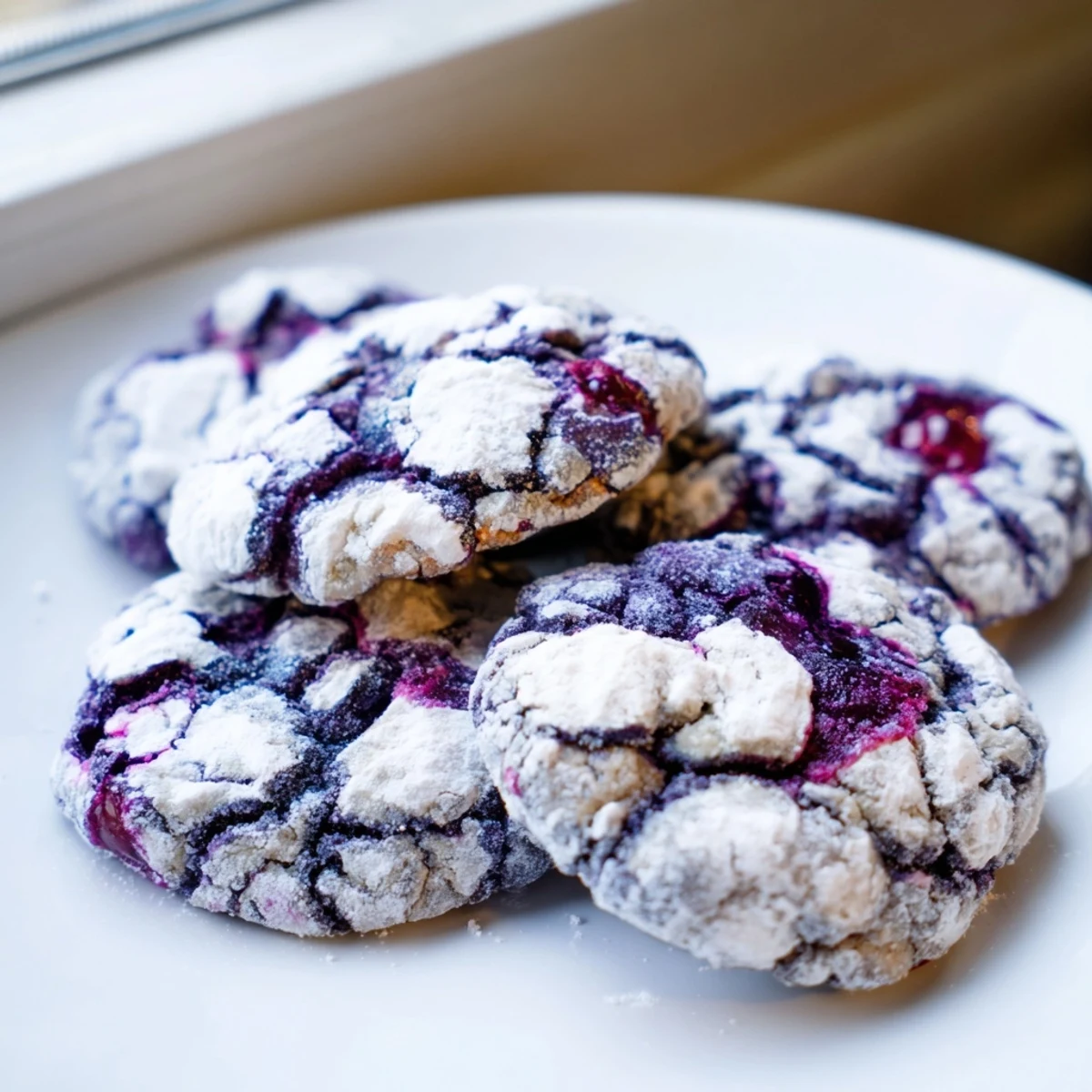 Golden-edged blueberry crinkle cookies showing chewy centers dusted with snowy powdered sugar