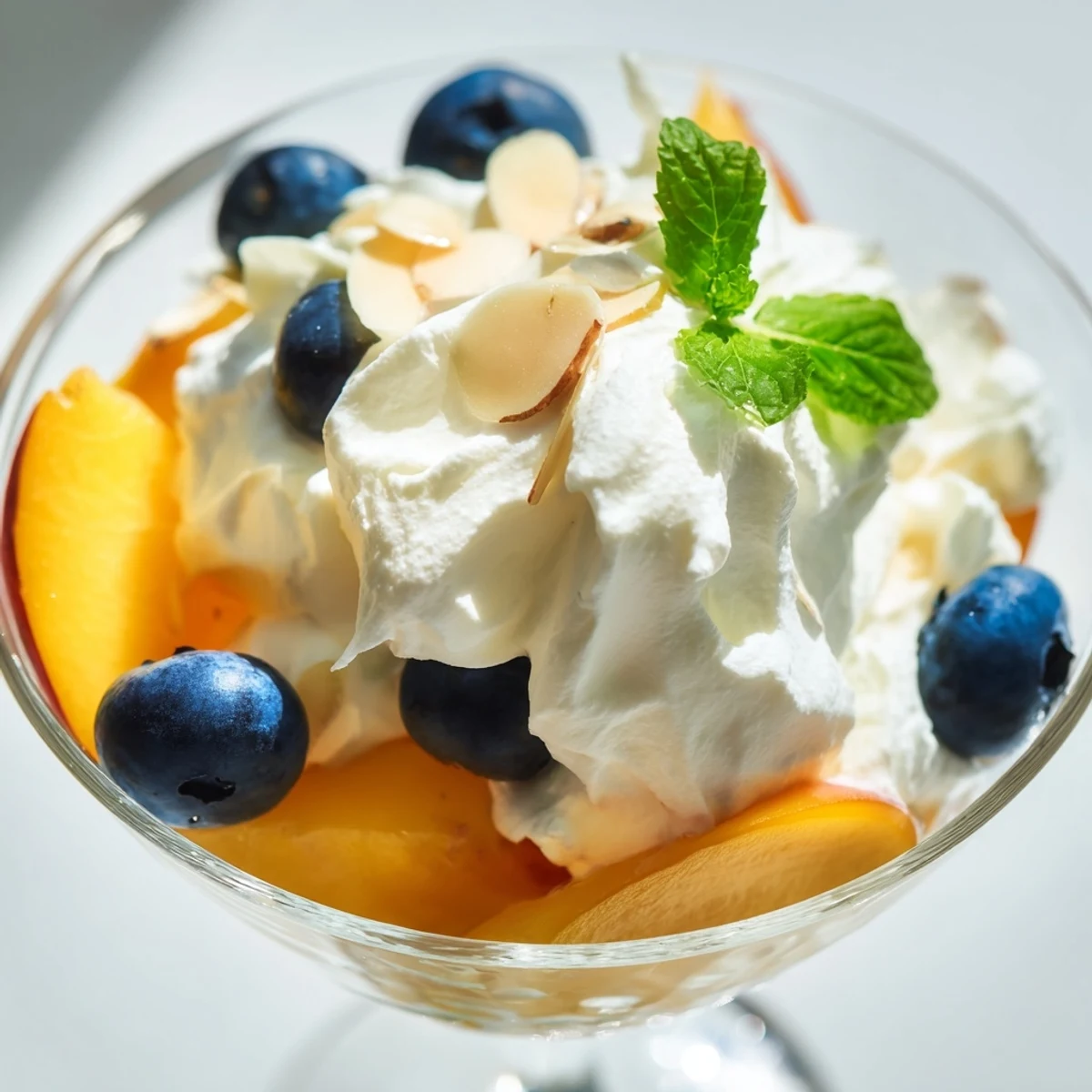 Creamy peaches and cream salad topped with fresh mint and sliced almonds in a glass bowl