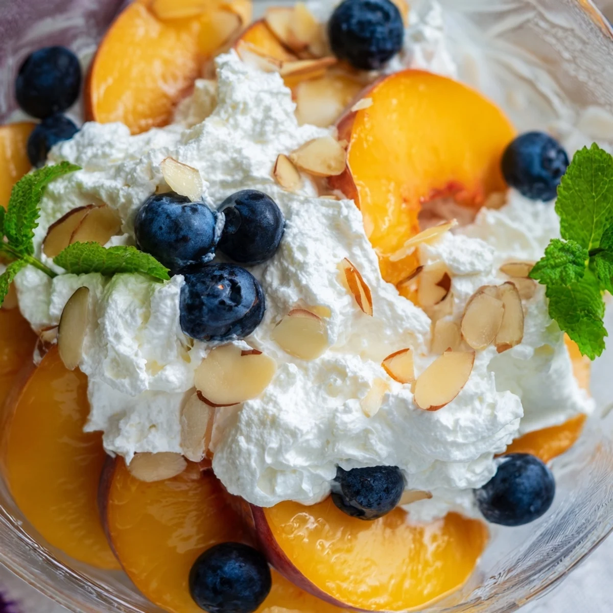 Sliced ripe peaches layered with fluffy whipped cream and blueberries for a refreshing summer dessert