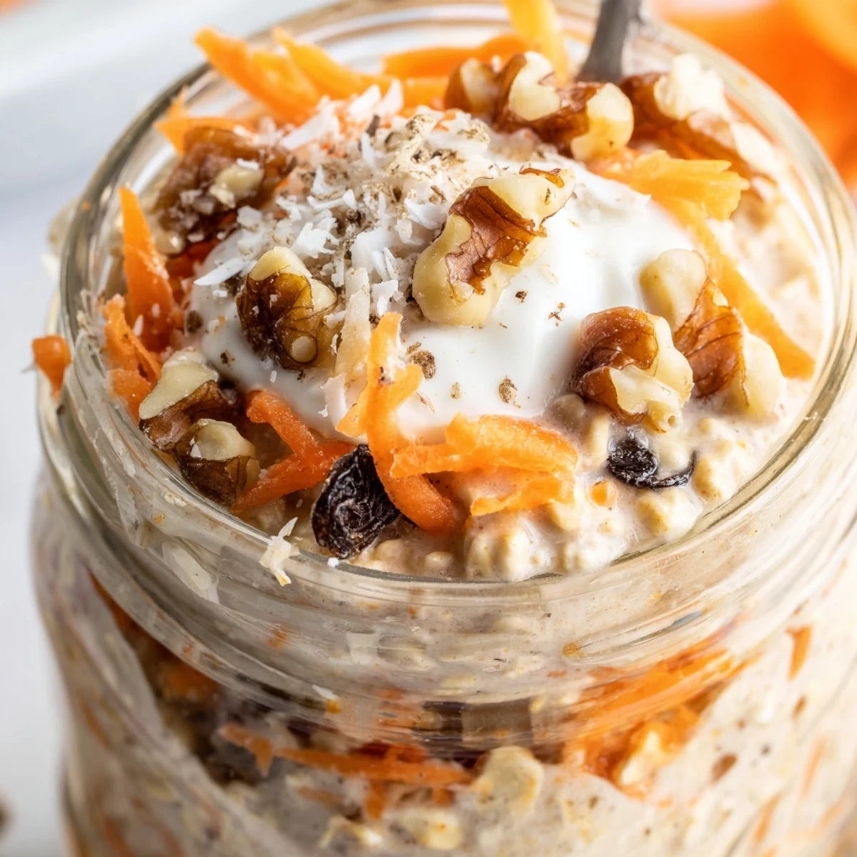 Creamy carrot cake overnight oats topped with grated carrots, walnuts, and raisins