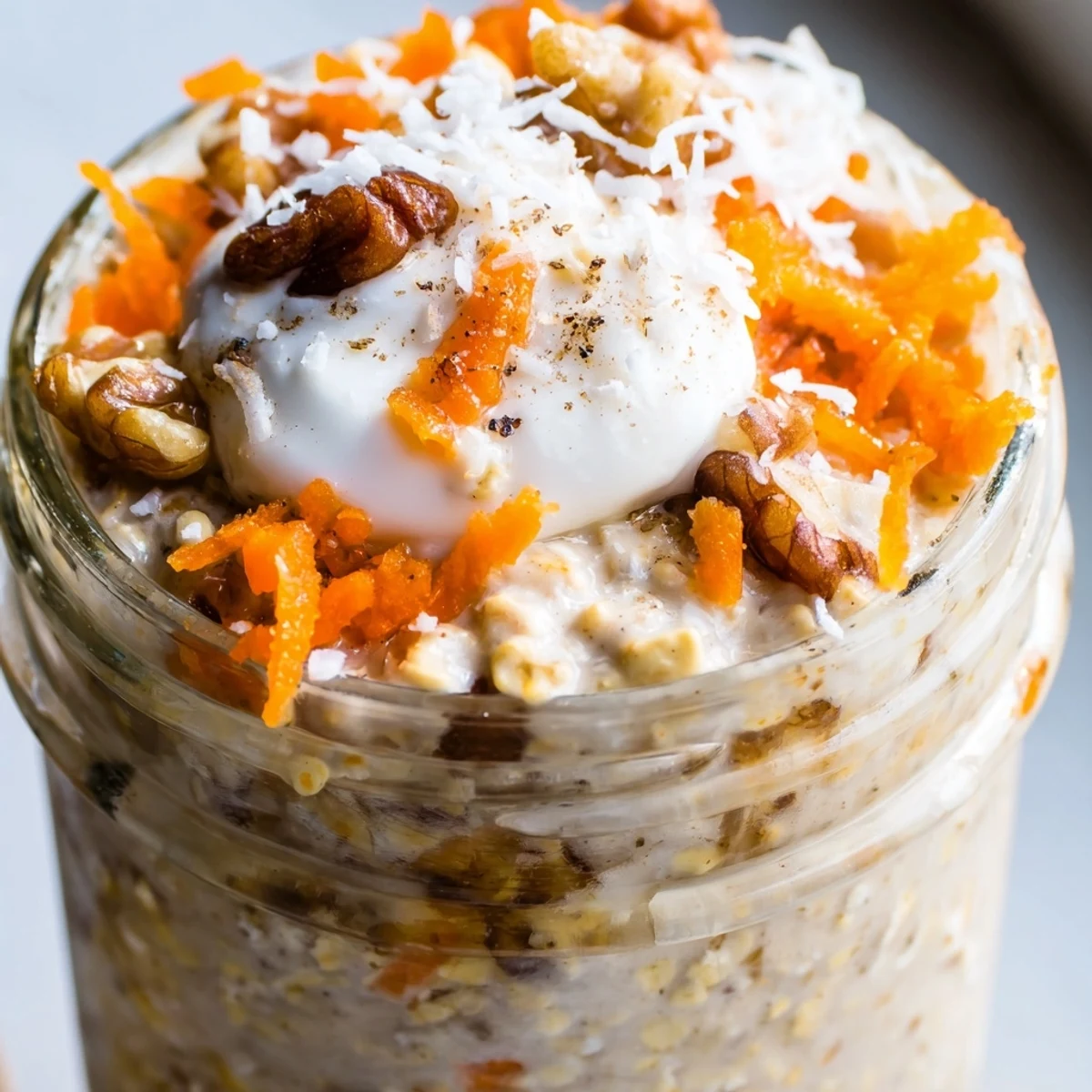 Thick spiced carrot cake overnight oats in a mason jar with coconut
