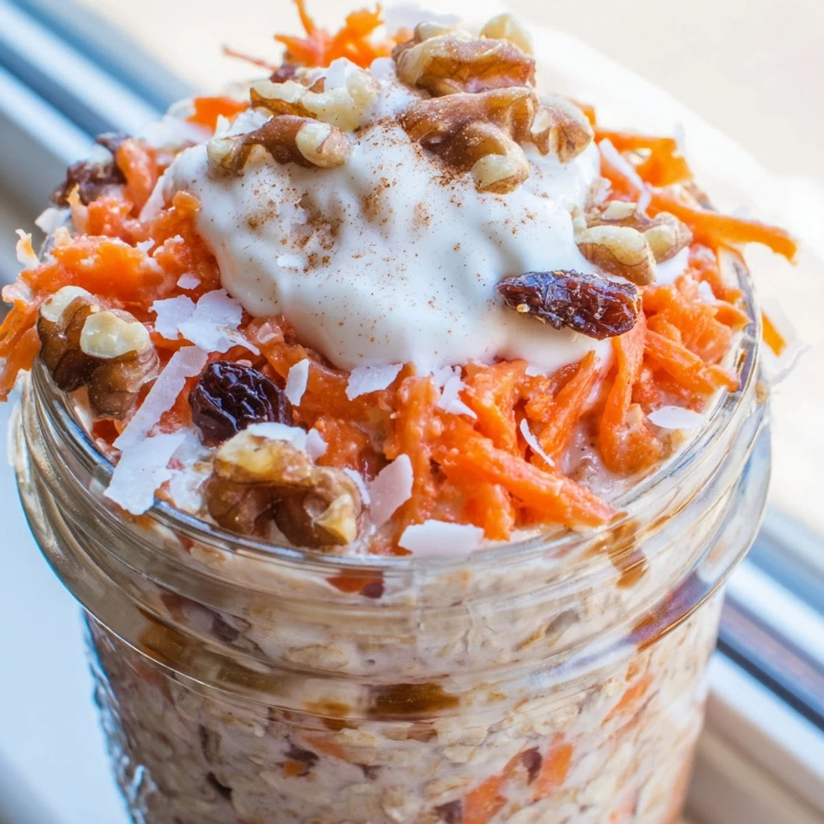 Chilled carrot cake overnight oats served in bowls with a maple drizzle