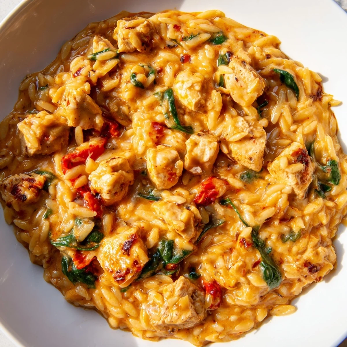 Creamy One Pot Cajun Chicken Alfredo Orzo topped with fresh parsley in a rustic skillet