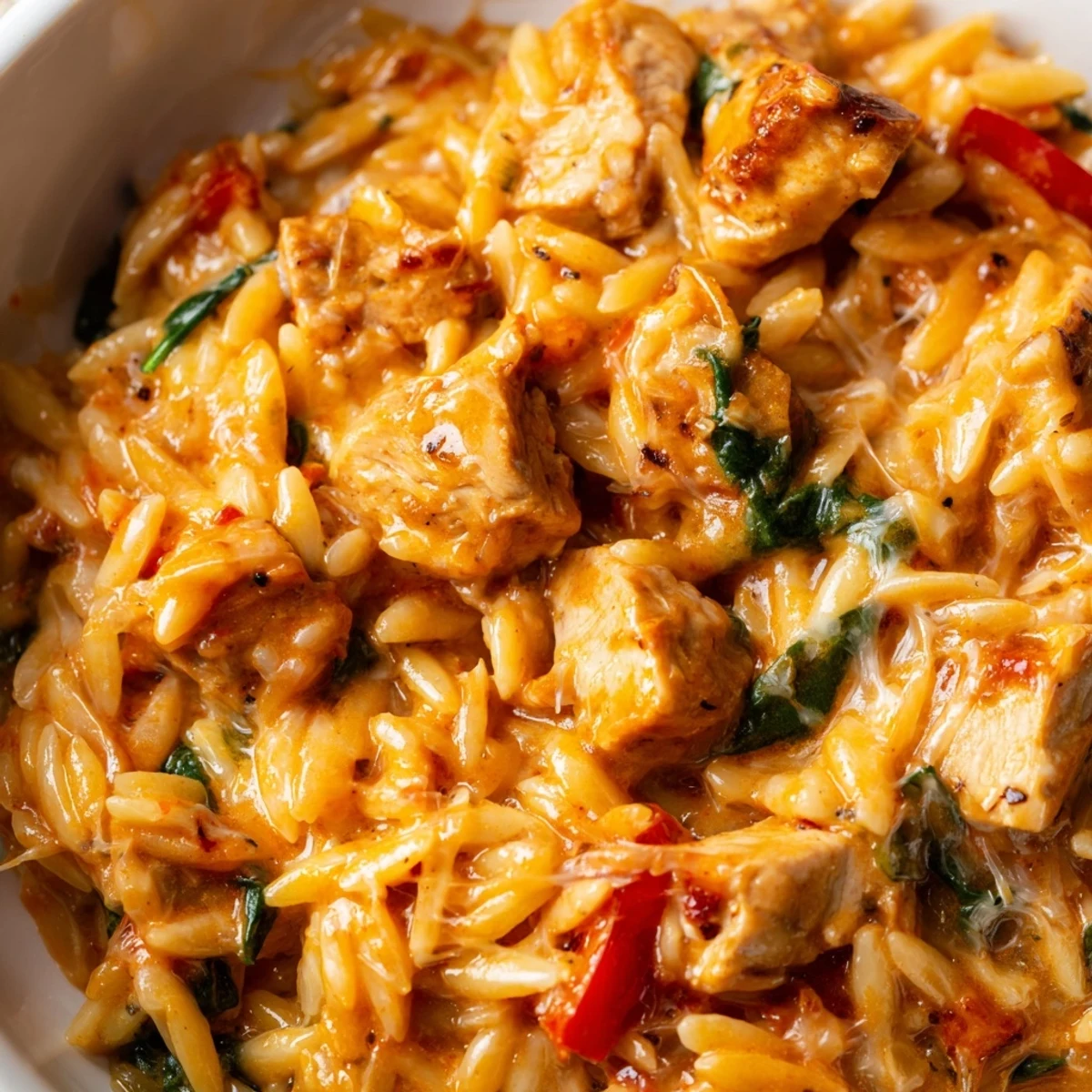One Pot Cajun Chicken Alfredo Orzo studded with red peppers and tender juicy chicken