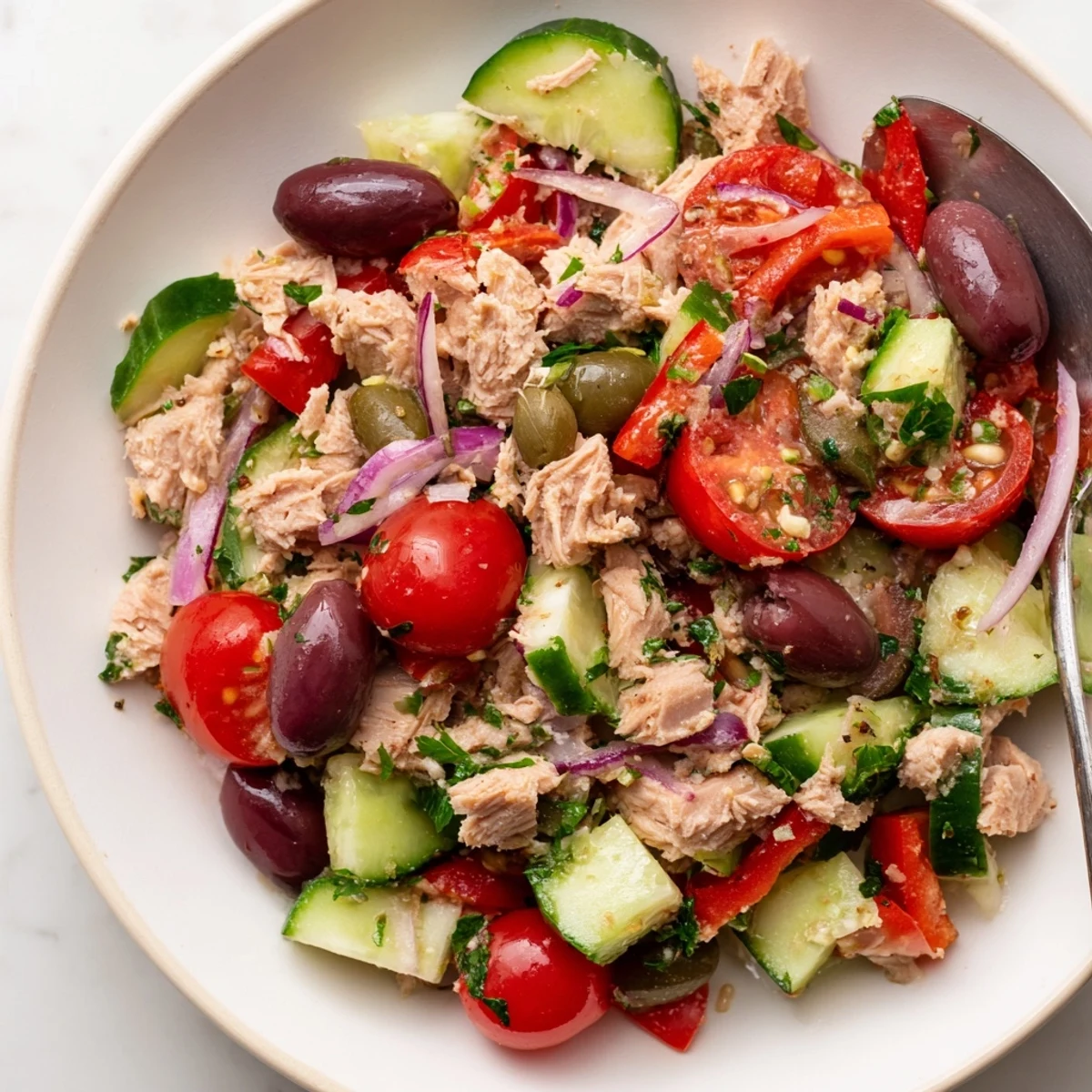 Simple Mediterranean Tuna Salad garnished with fresh parsley and served alongside crusty grilled bread slices