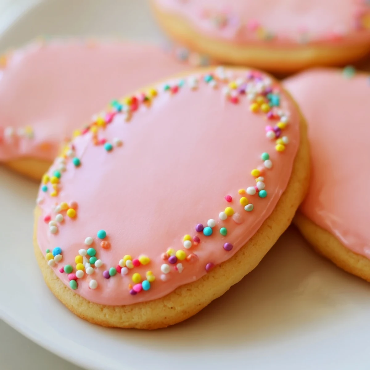 Colorful Spring Easter cookies decorated with pastel pink icing on a white ceramic plate