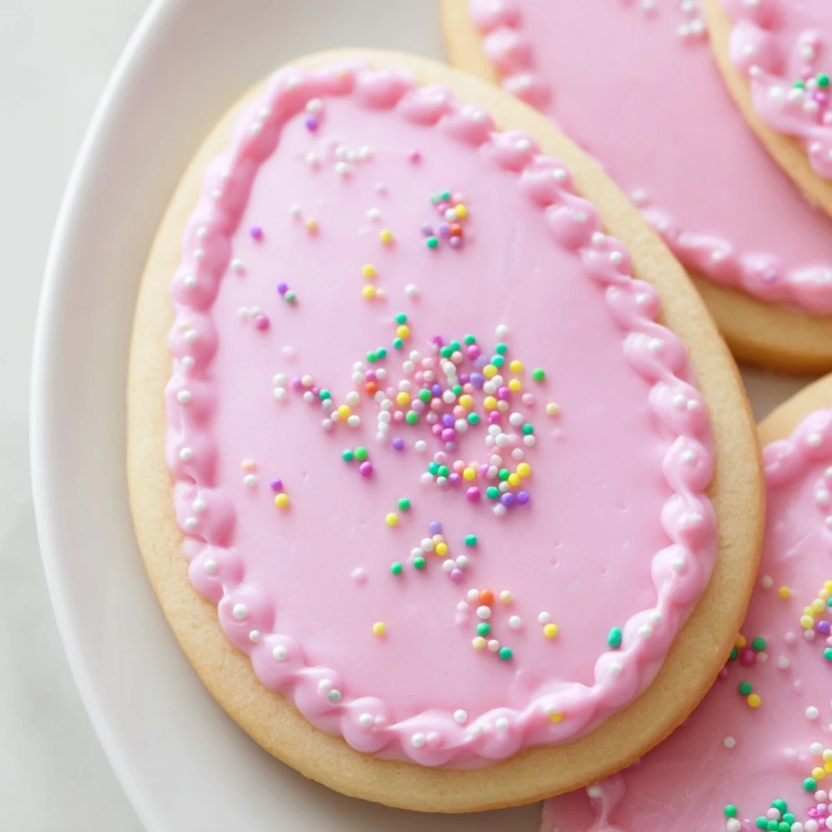 Buttery Spring Easter cookies in bunny and egg shapes topped with decorative sprinkles