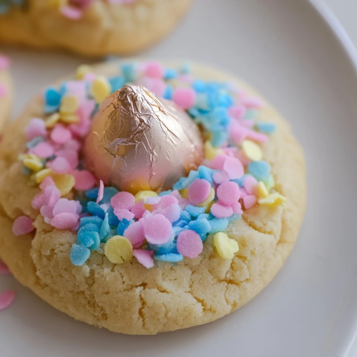 Soft Easter Blossom Cookies topped with chocolate kisses and pastel sprinkles on a rustic baking sheet.
