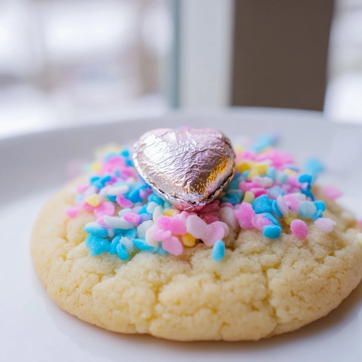 Golden Easter Blossom Cookies with melty chocolate centers and colorful sugar coating arranged for serving.