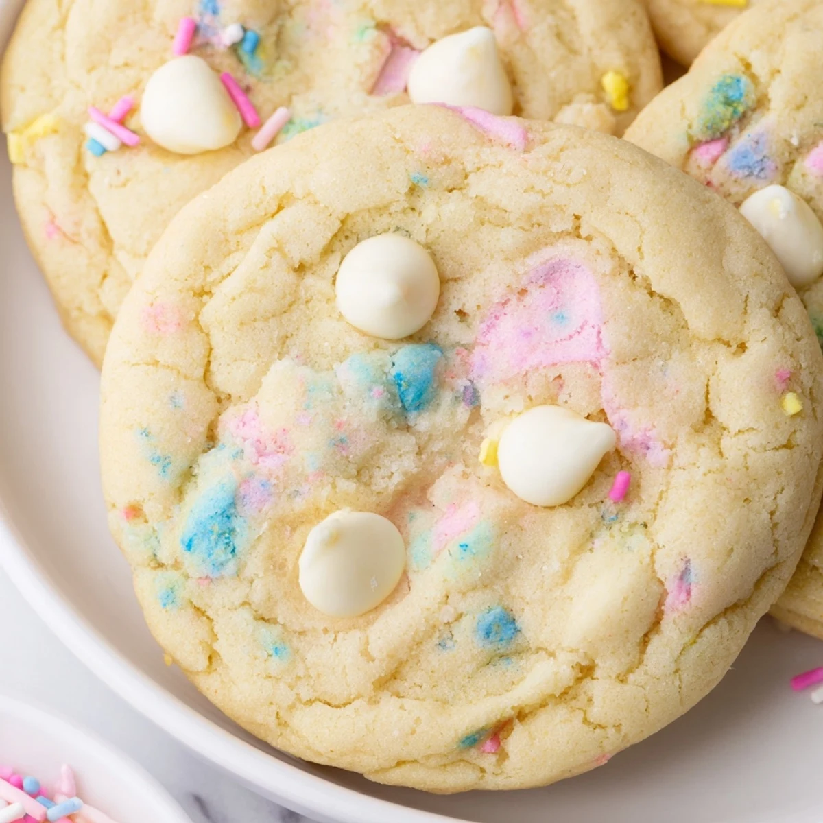 Soft pastel white chocolate cookies with colorful sprinkles stacked on a rustic baking sheet