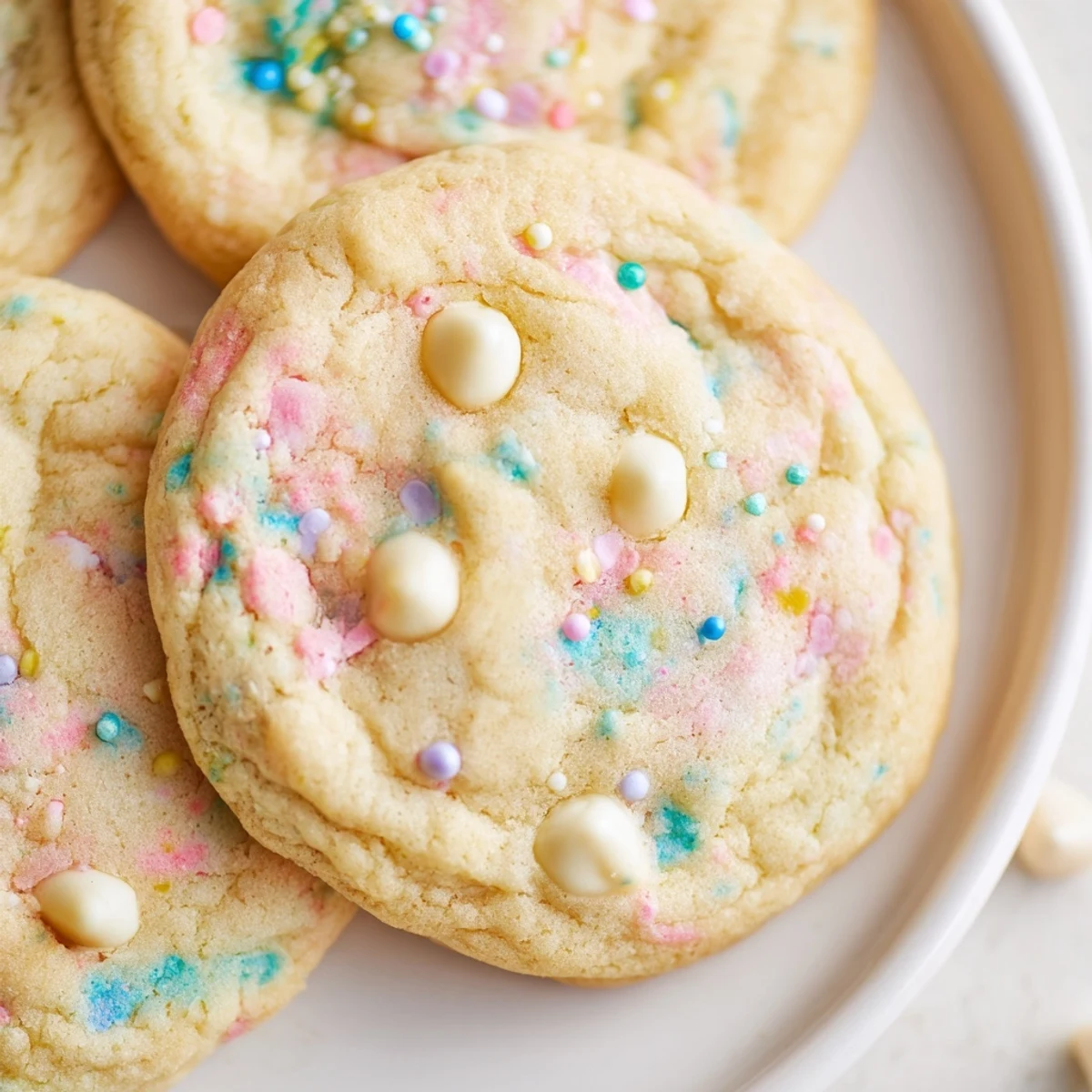 Chewy pastel white chocolate cookies fresh from the oven with golden edges and creamy chips