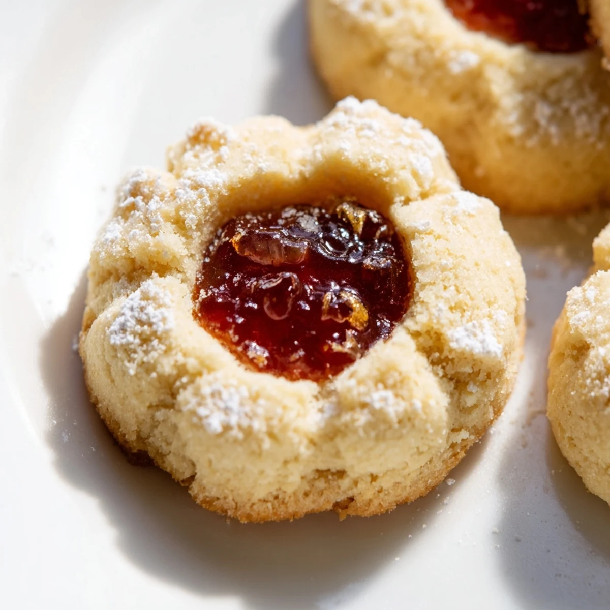 Golden flower jam thumbprint cookies with vibrant jam centers on a rustic white plate