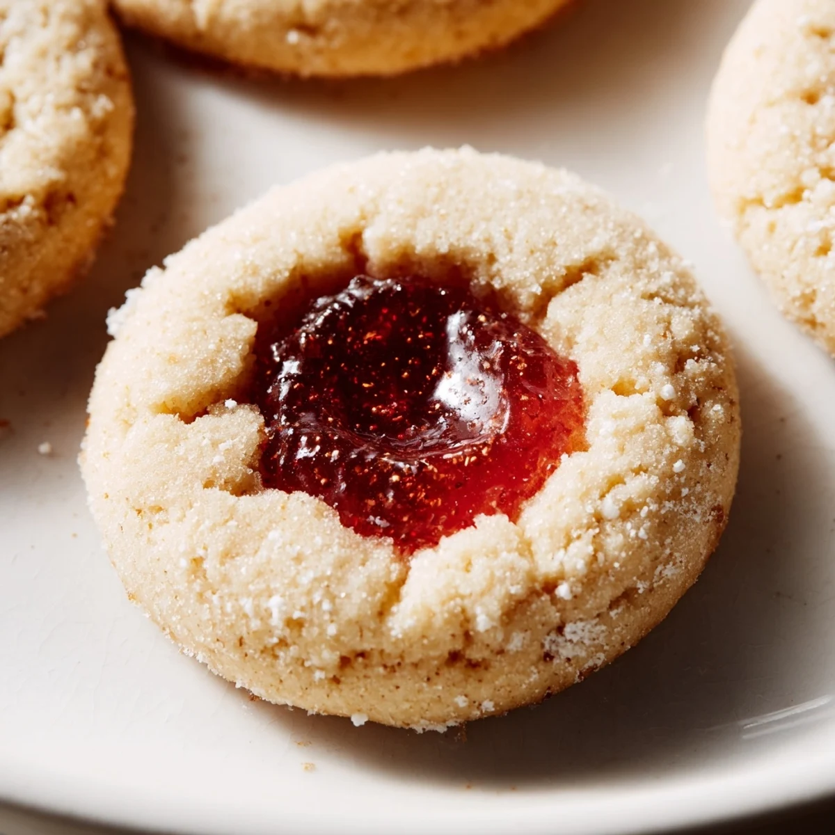 Buttery flower jam thumbprint cookies dusted with powdered sugar ready for serving