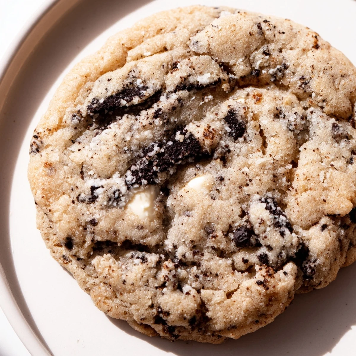 Golden cookies and cream cookie fresh from the oven with creamy white chocolate chunks