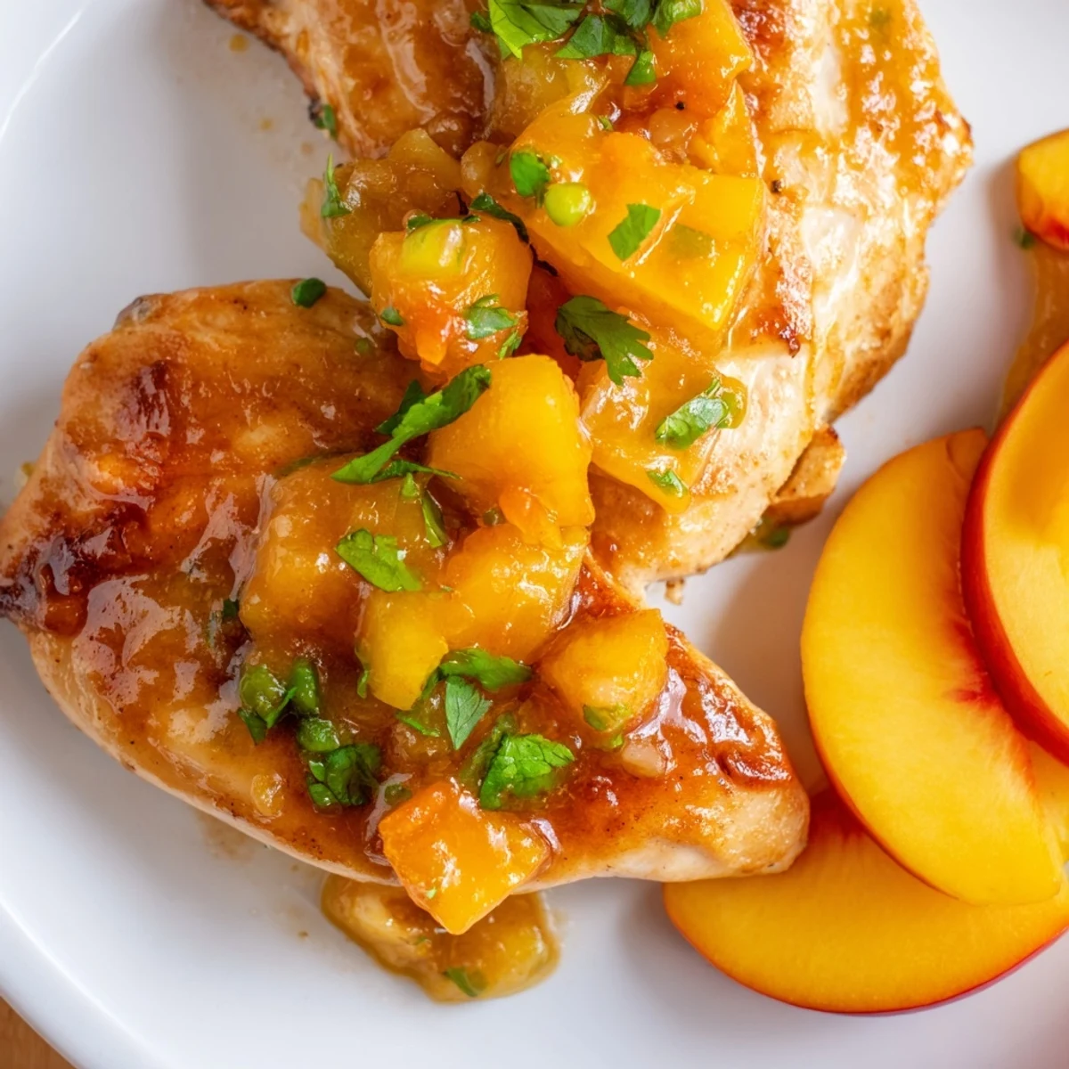 Golden seared jalapeno peach chicken glazed with glossy sweet-spicy sauce in cast iron skillet