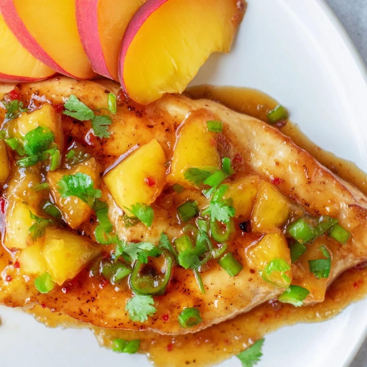 Juicy jalapeno peach chicken topped with fresh herb garnish and caramelized peach slices