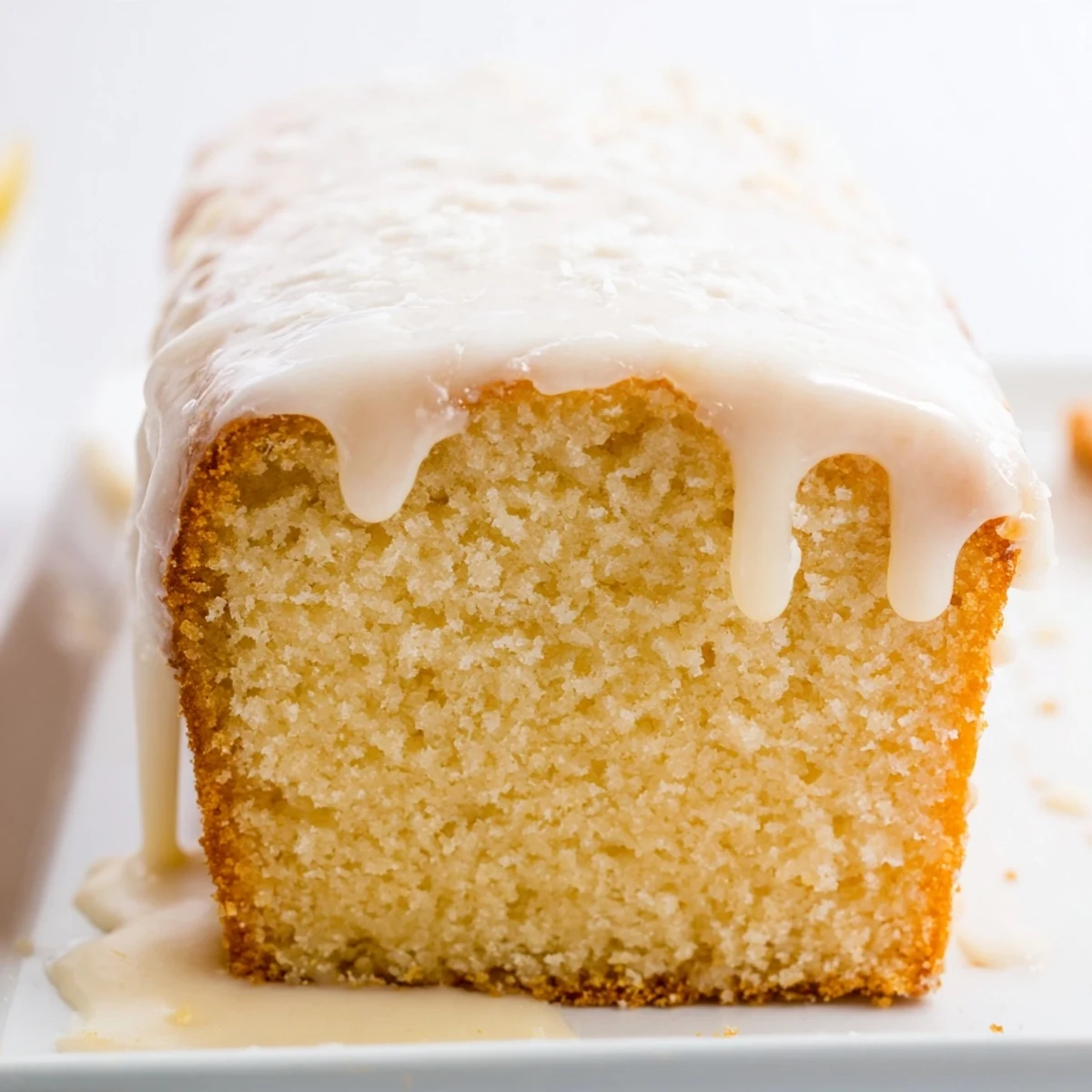 Golden church cake with vanilla glaze drizzled over a moist, tender sponge slice