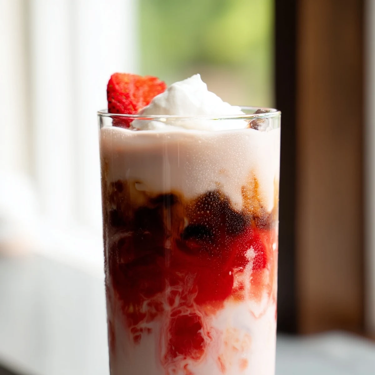 Creamy strawberry cold latte in a tall glass with swirled pink layers and ice