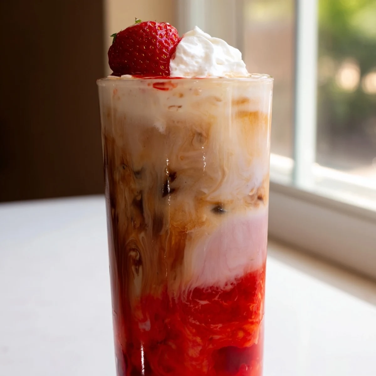 Homemade strawberry cream cold latte topped with fluffy whipped cream and fresh berry garnish