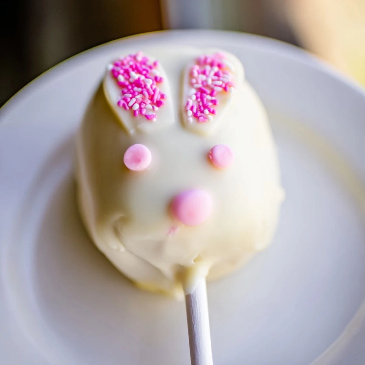 Adorable white chocolate bunny cakesicles with candy eyes on a festive Easter dessert table