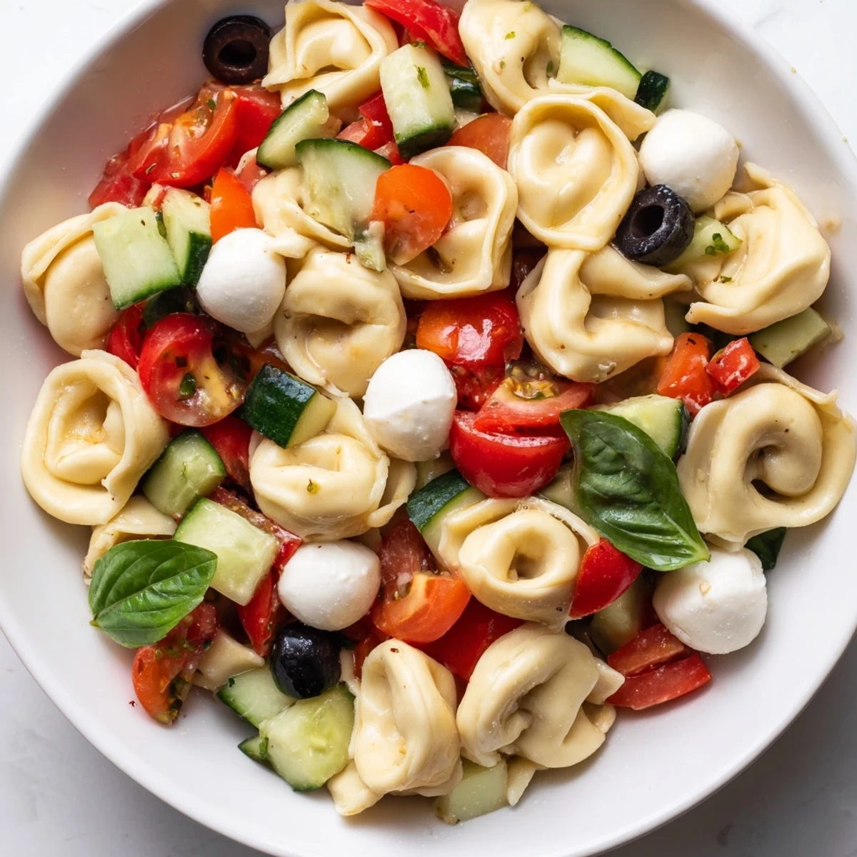 Colorful tortellini salad tossed with crisp vegetables and zesty Italian dressing in a white serving bowl