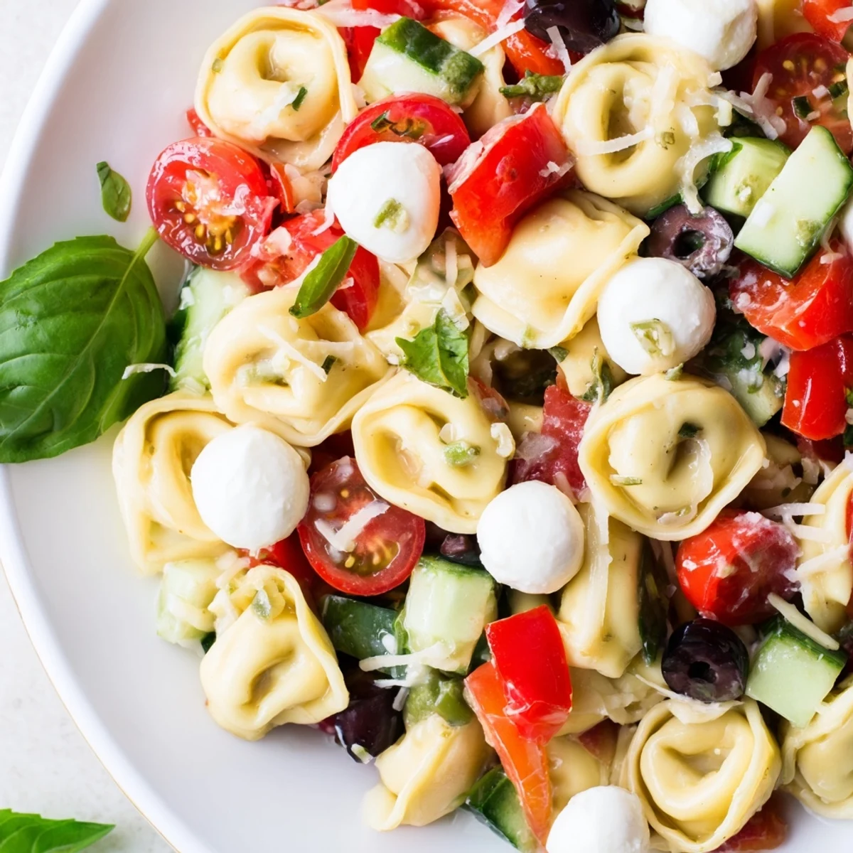 Creamy cheese tortellini salad featuring juicy tomatoes, crunchy cucumbers, and fragrant fresh basil leaves