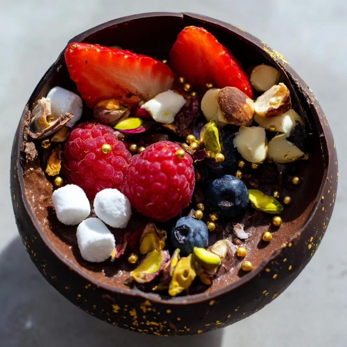Decadent chocolate grazing cups filled with silky mousse and topped with fresh berries and nuts
