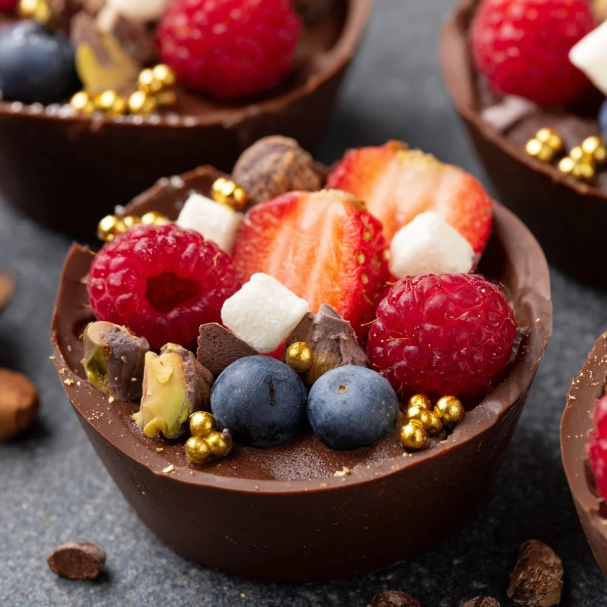 Rich chocolate grazing cups topped with glossy berries, crunchy nuts, and delicate chocolate shavings