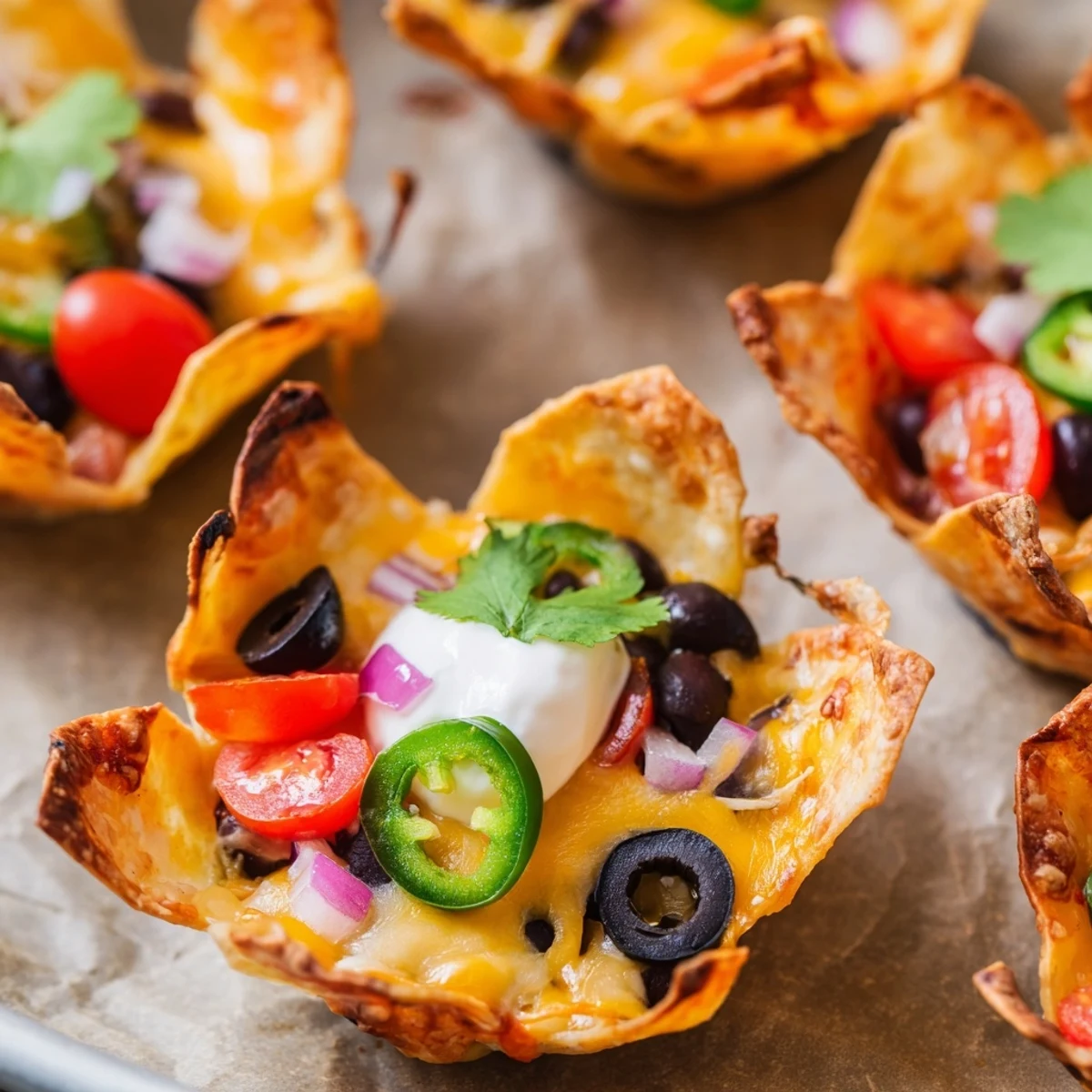 Golden cheesy nacho cups bubbling with melted cheddar and colorful fresh toppings in muffin tin