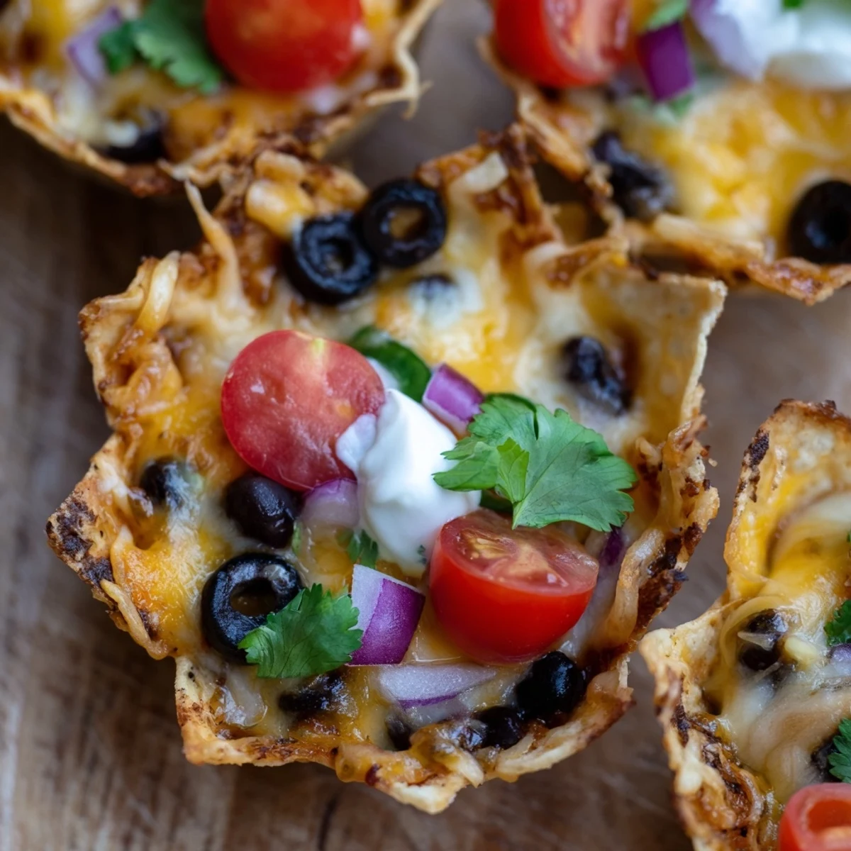 Crispy tortilla cups overflowing with gooey Monterey Jack cheese and zesty black bean toppings