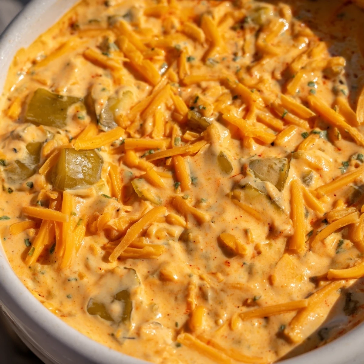 Tangy Buffalo Pickle Dip topped with fresh chives and pickle slices on rustic table