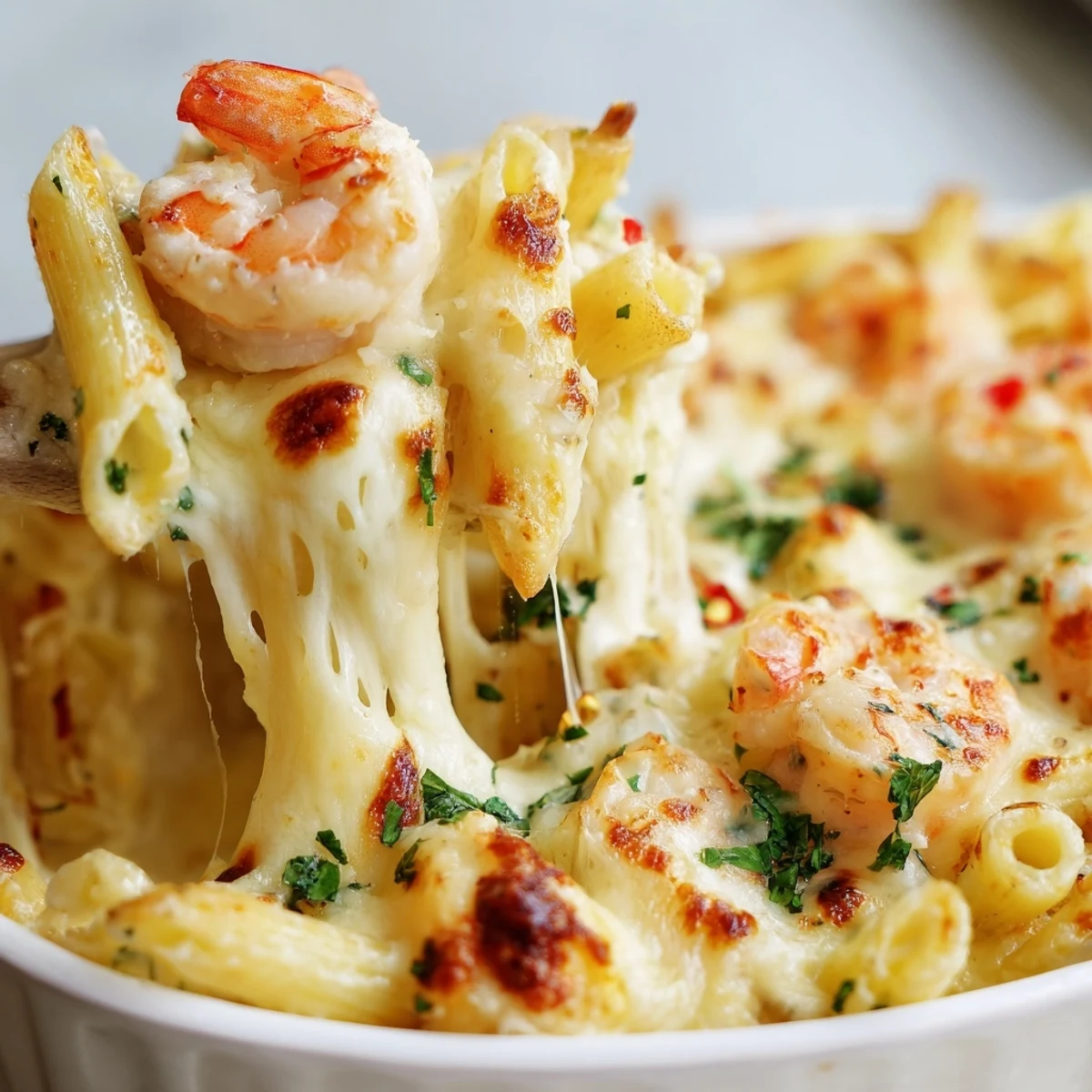 Golden bubbly Shrimp Scampi Pasta Bake with melted mozzarella and fresh parsley garnish