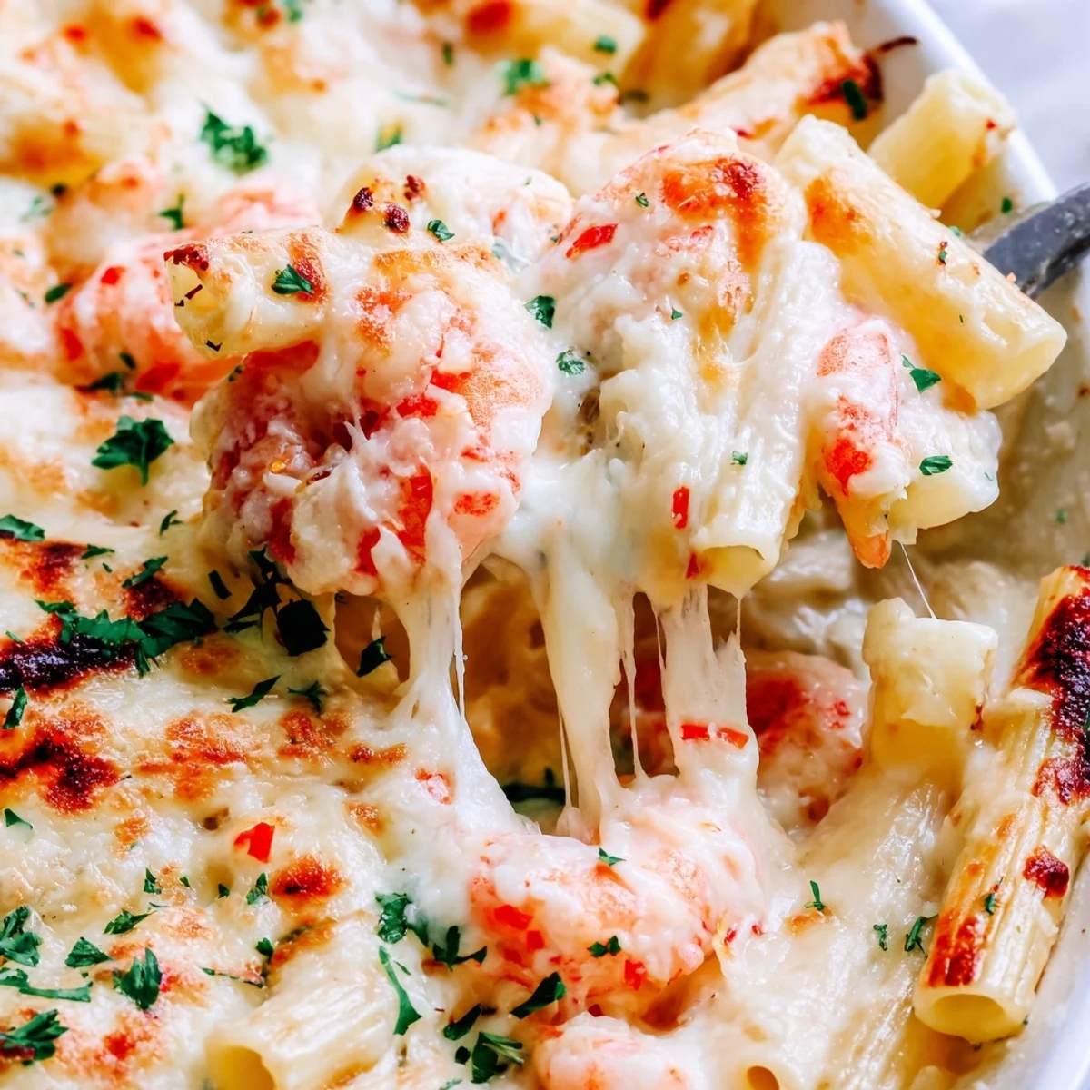 Creamy Shrimp Scampi Pasta Bake in a white ceramic dish with golden parmesan crust