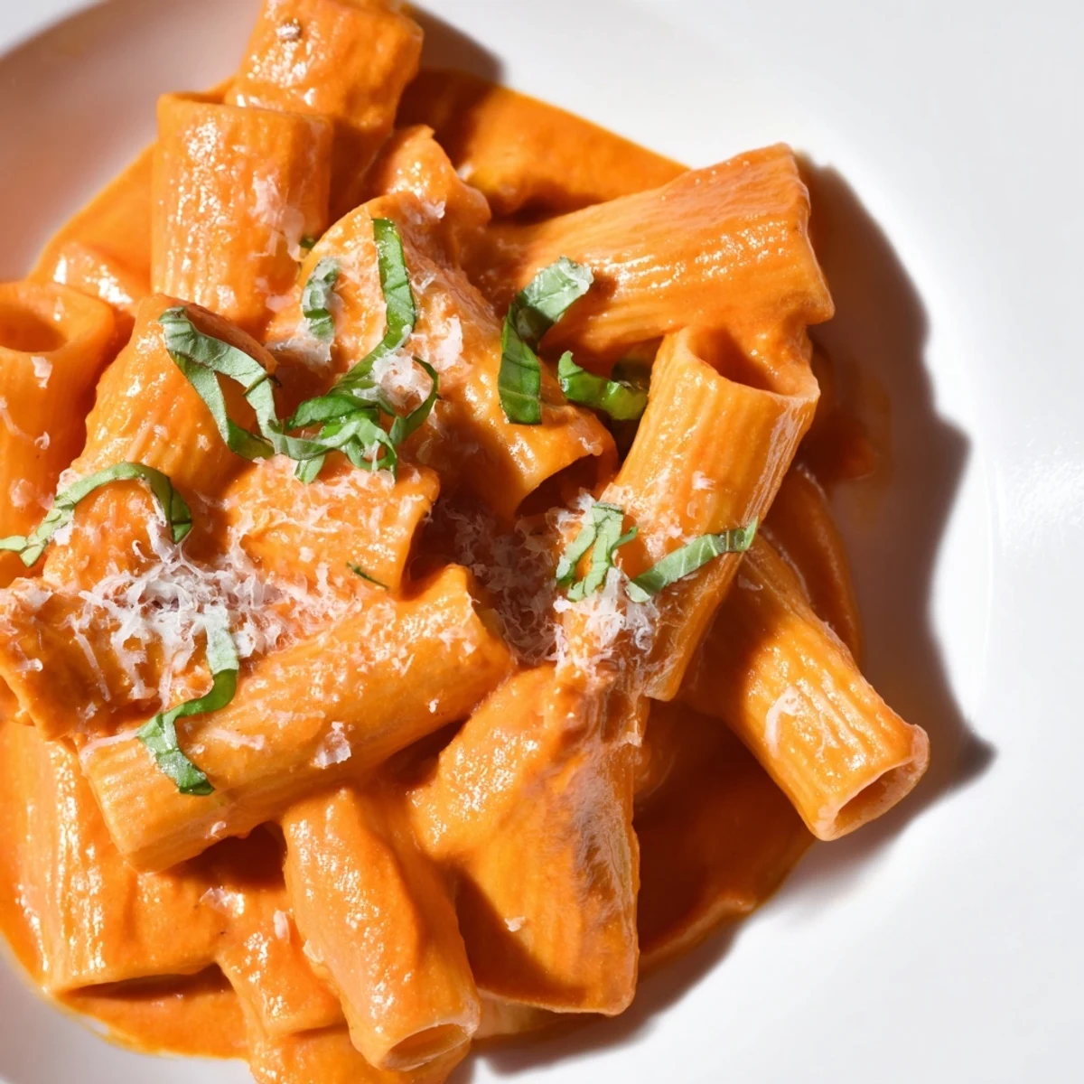 Creamy roasted red pepper pasta served in a white bowl with fresh basil garnish