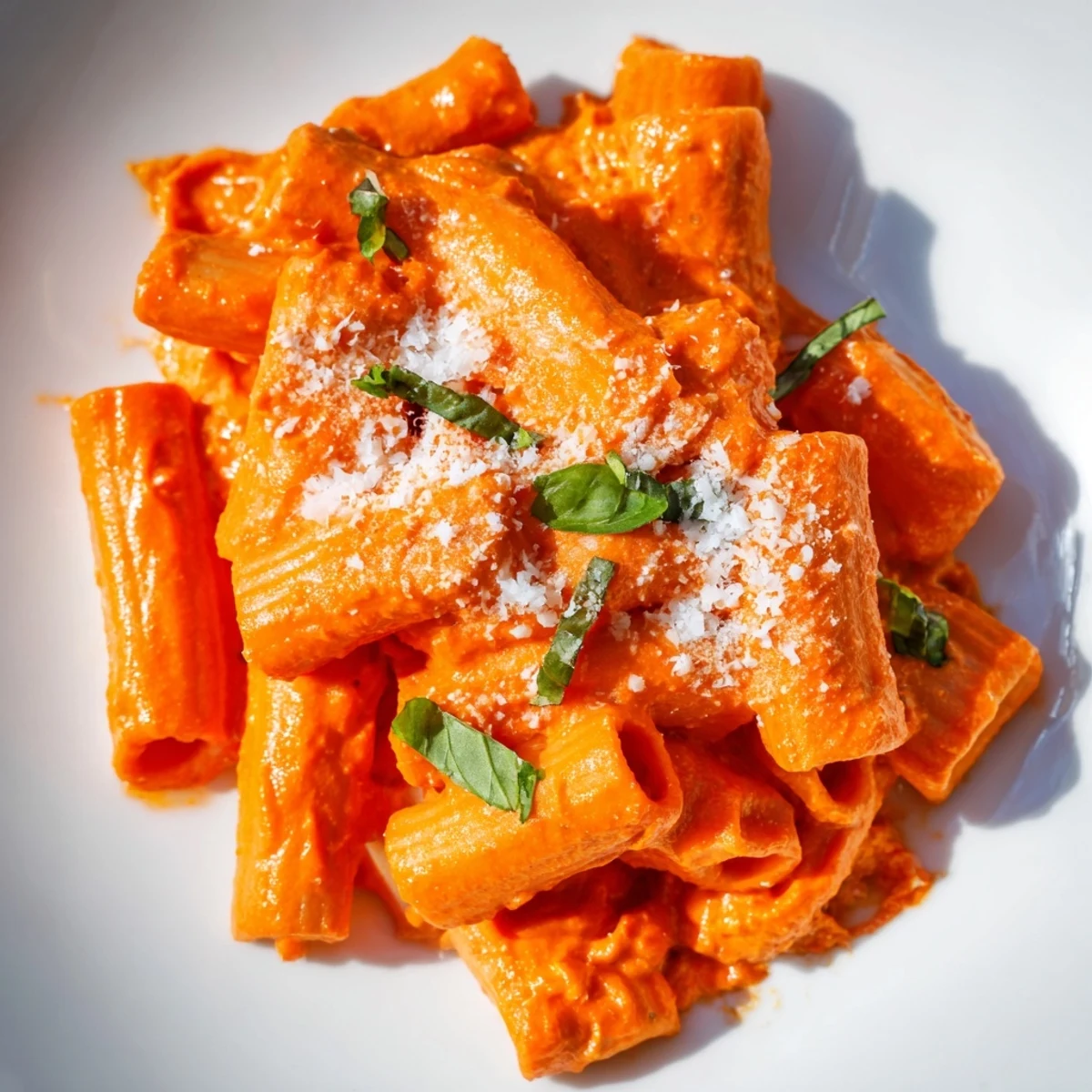 Vibrant orange roasted red pepper pasta coated in smooth, velvety sauce on plate
